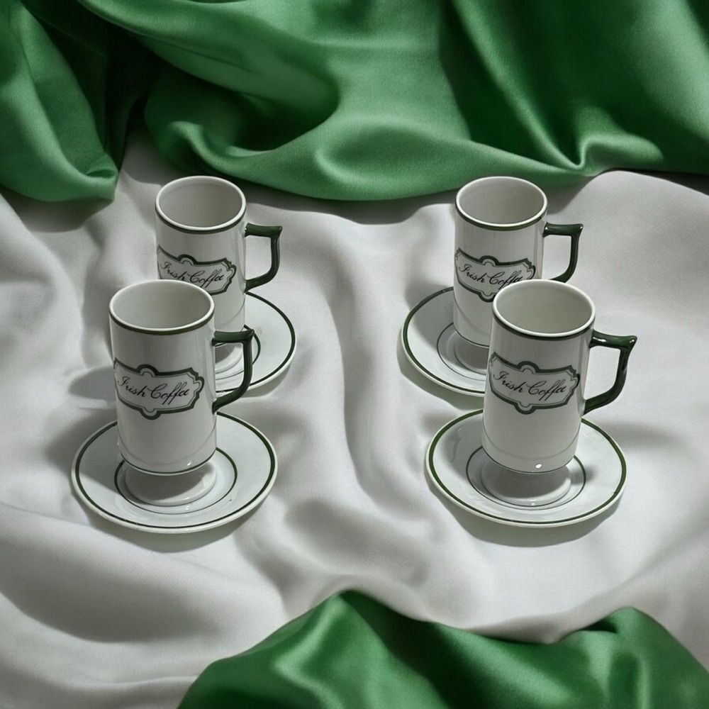 Vintage Knobler Japan White & Green Irish Coffee Mug/Saucer -- Set‎ of 4